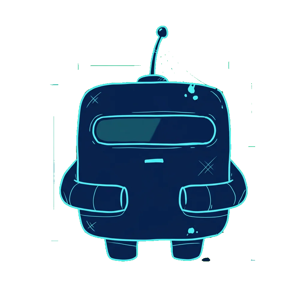 Noop, a small boxy machine drawn in blueprint lines, standing still